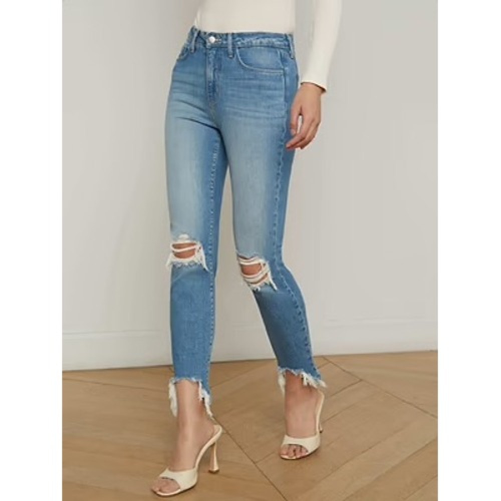 L'AGENCE High Line High Rise Skinny Distressed Chewed Hem Jeans Blue 26